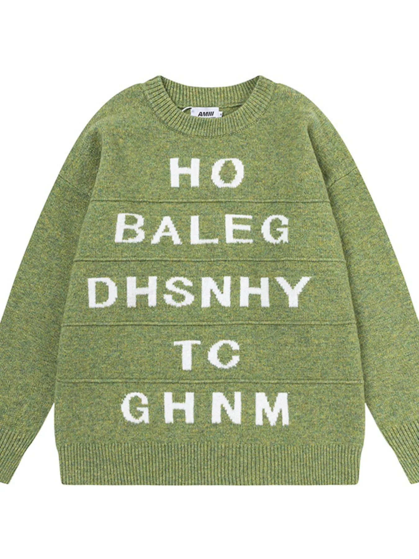 Men's Letter Ribbed Hem Round Neck Sweater Green OutfitFlow