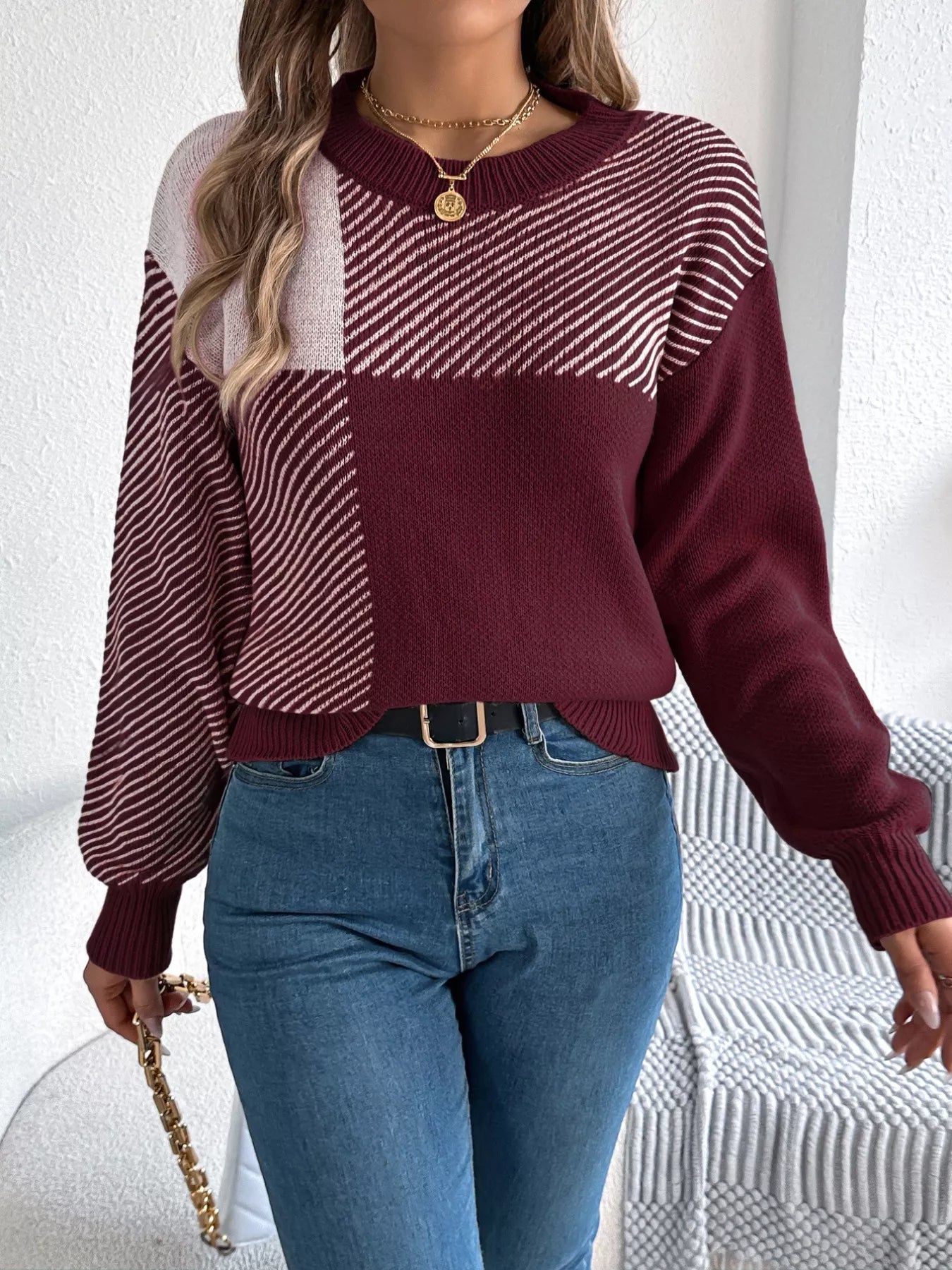 Color Block Striped Round Neck Sweater Burgundy OutfitFlow
