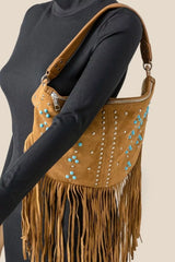 Fame Studded Pattern Multi Fringe Hobo Shoulder Bag OutfitFlow