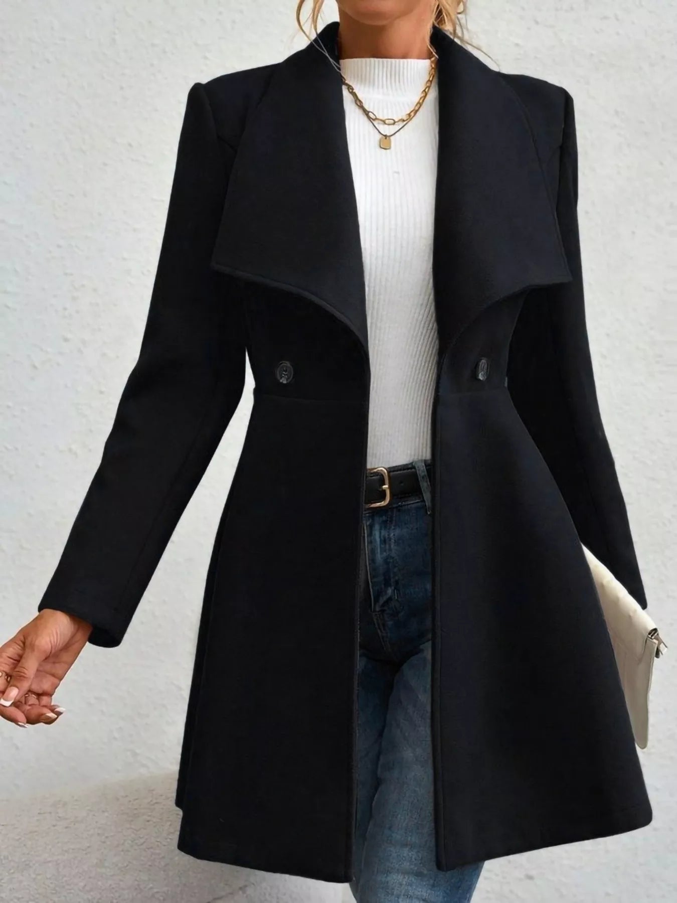Collared Neck Double Breasted Coat Trendsi