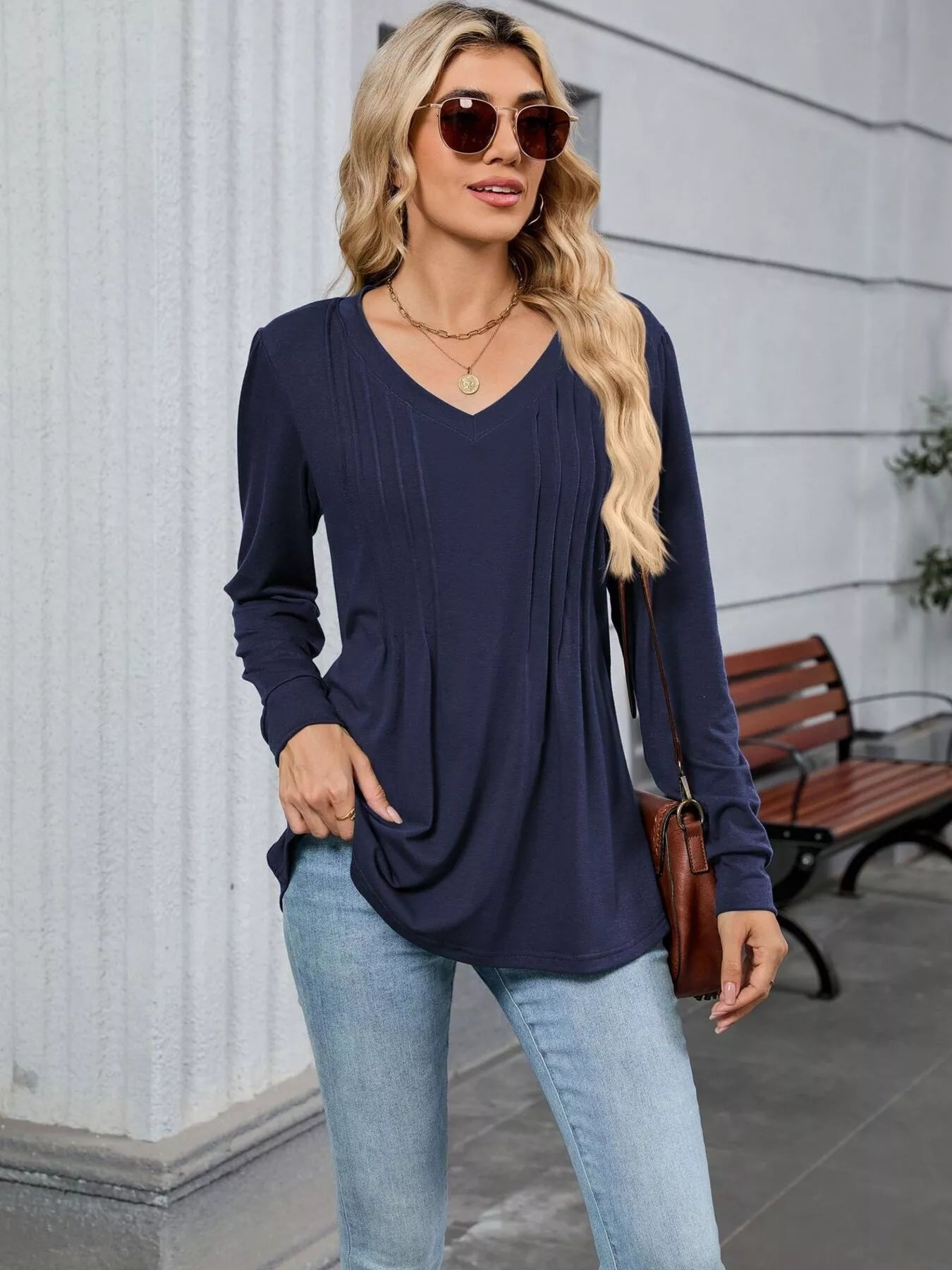 V-Neck Long Sleeve Relaxed Fit T-Shirt OutfitFlow