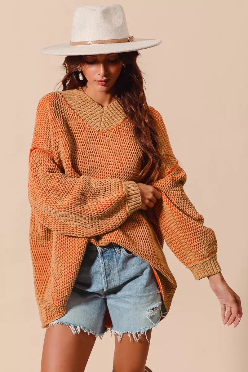 SO ME Oversized Two Tone Textured V Neck Sweater OutfitFlow