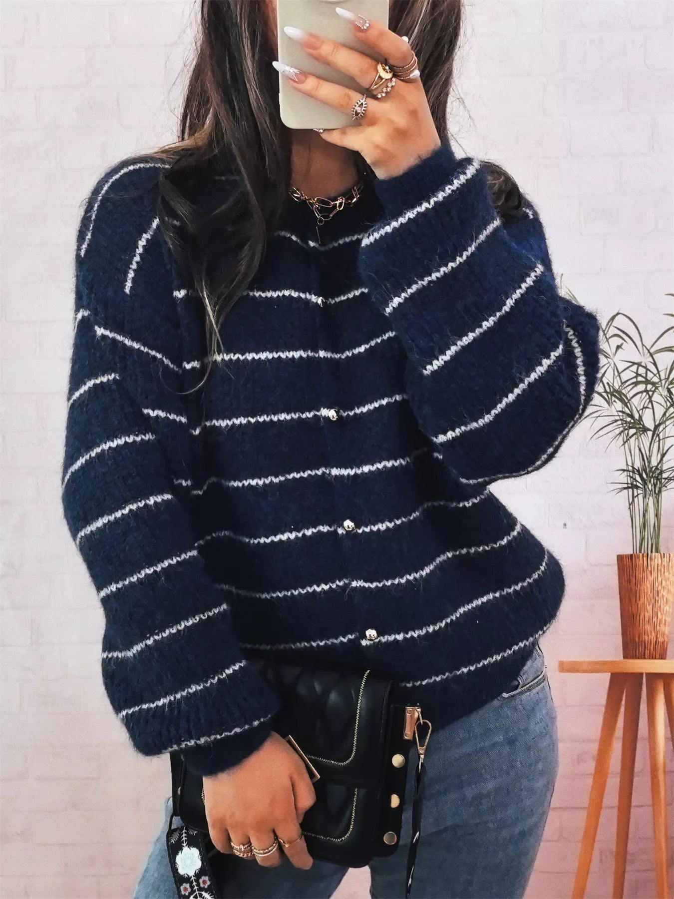 Striped Button Up Long Sleeve Cardigan Dark Navy One Size OutfitFlow
