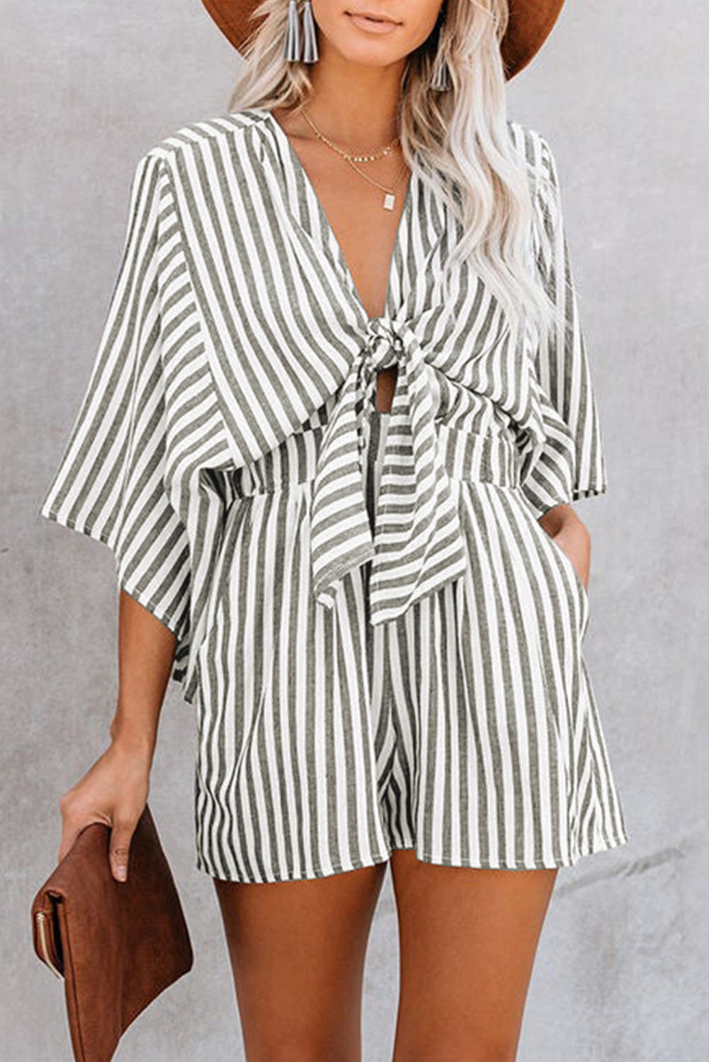 Outfit Flow - Bow Striped Kimono Sleeve Romper