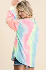 BiBi Tie Dye French Terry V-Neck Top with Puff Sleeves OutfitFlow