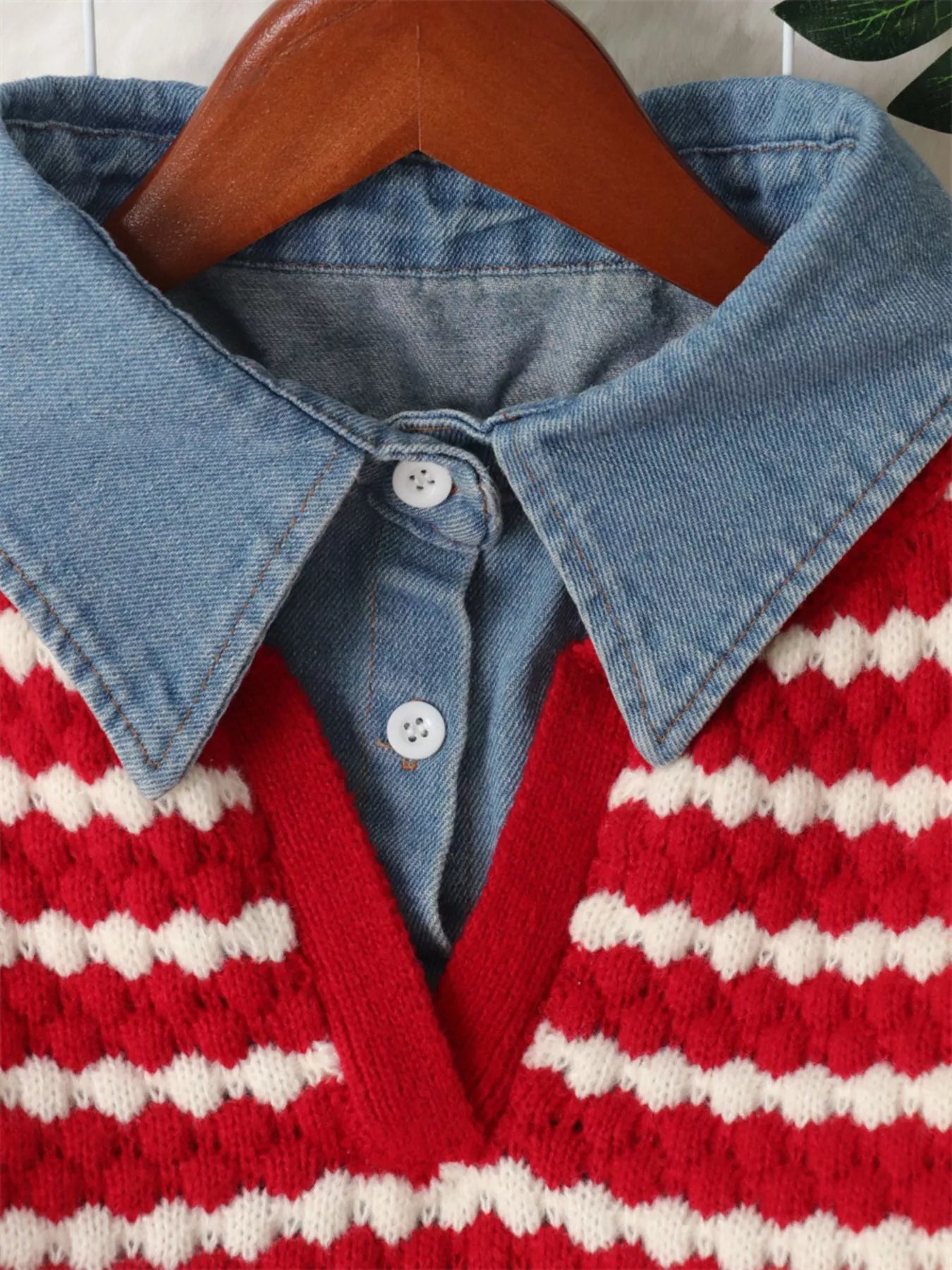 Contrast Striped Sweater with Denim Collar OutfitFlow