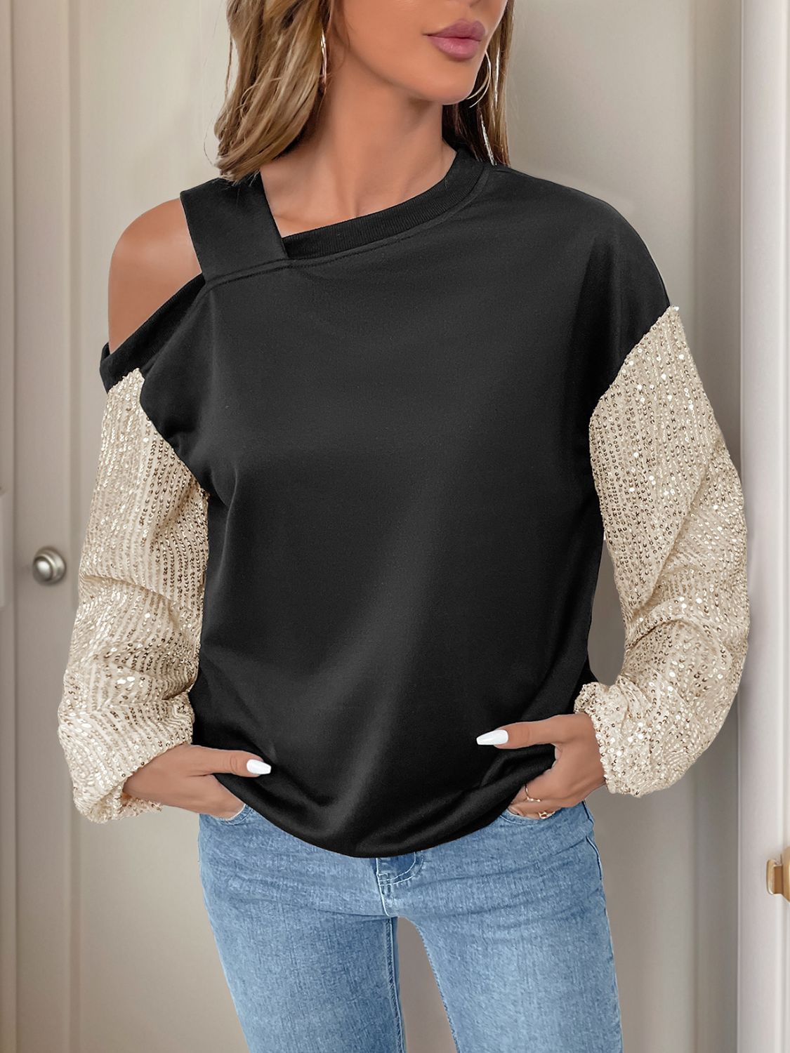 Outfit Flow - Perfee Sequin Asymmetrical Neck Long Sleeve Sweatshirt