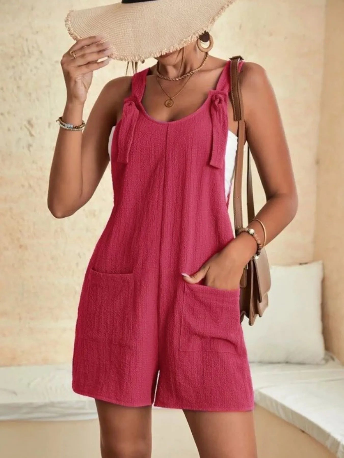 Full Size Knot Strap Romper with Pockets Plus Size OutfitFlow