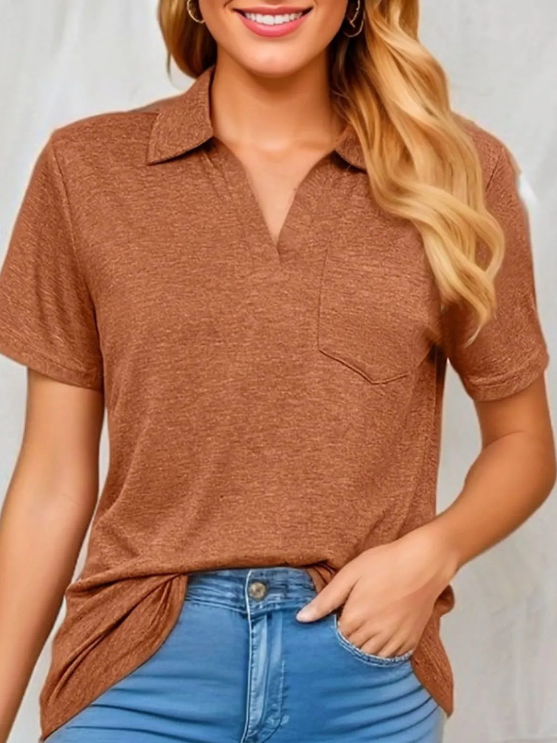 Johnny Collar Short Sleeve Top Caramel OutfitFlow