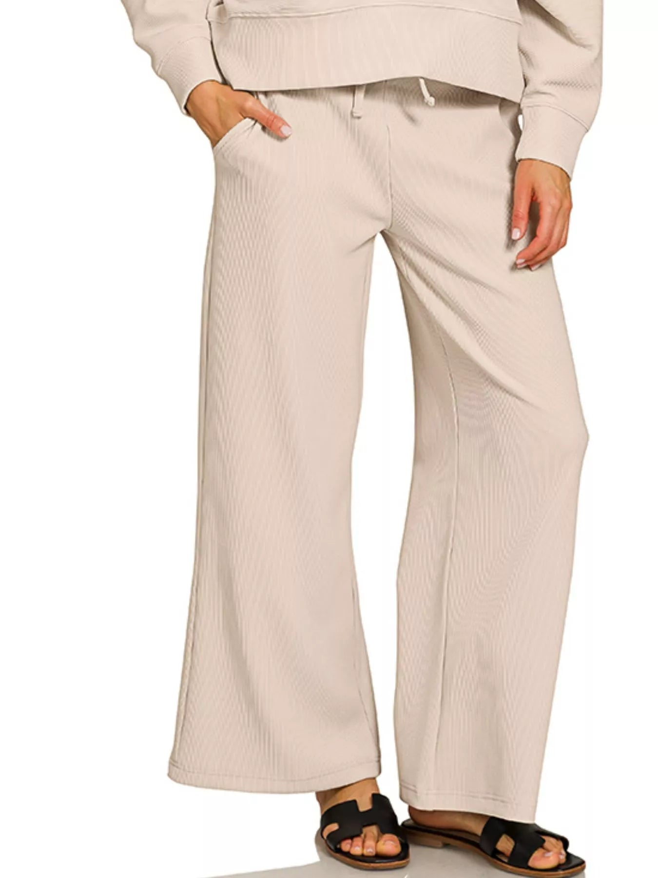 Zenana Ribbed Round Neck Pullover and Drawstring Pants Set OutfitFlow