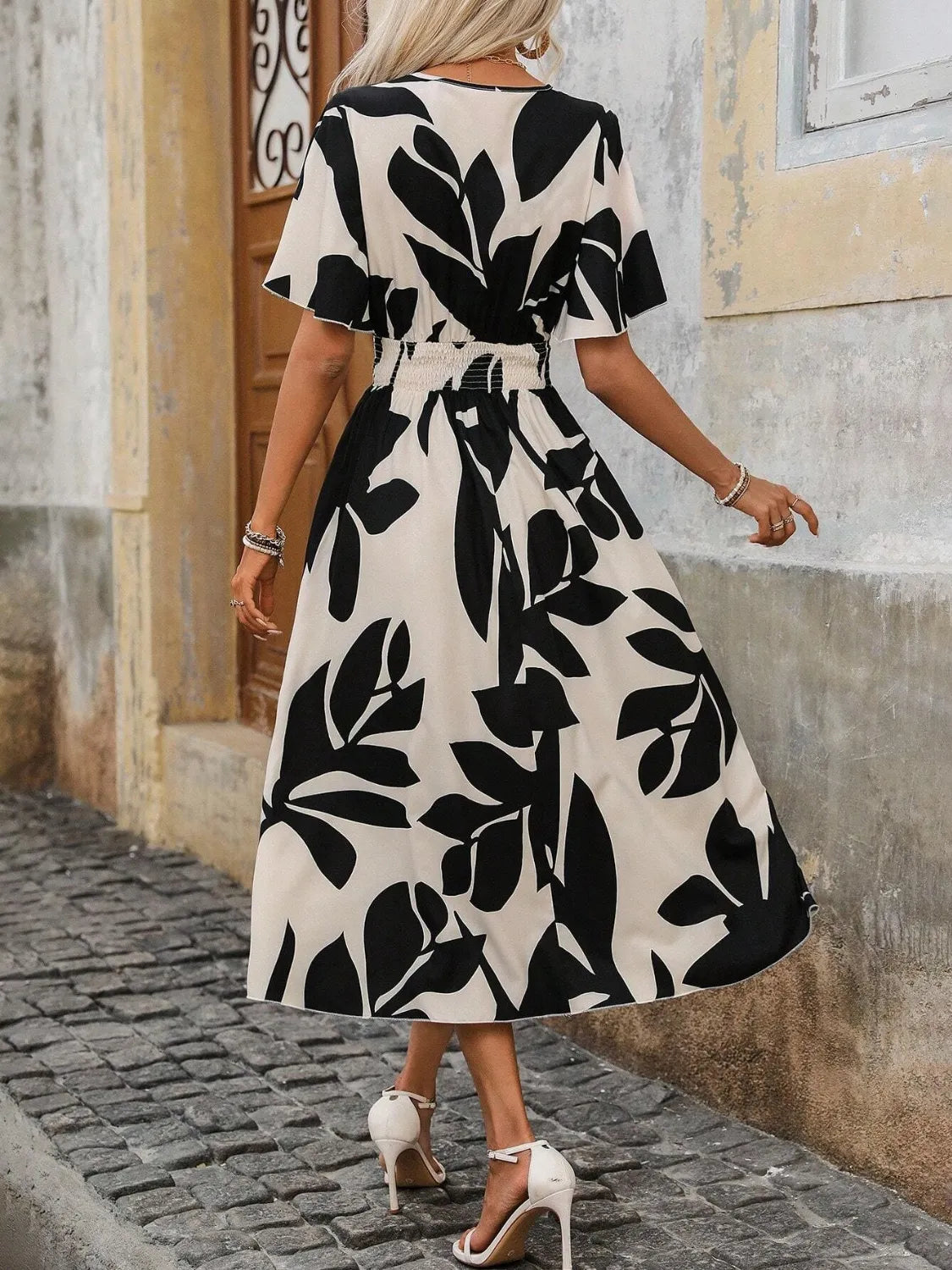 Printed Surplice Short Sleeve Midi Dress OutfitFlow