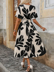 Printed Surplice Short Sleeve Midi Dress OutfitFlow