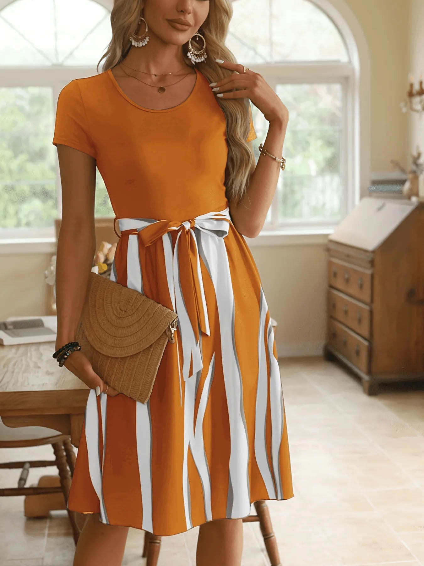 Striped Short Sleeve Tie Waist Dress Orange OutfitFlow