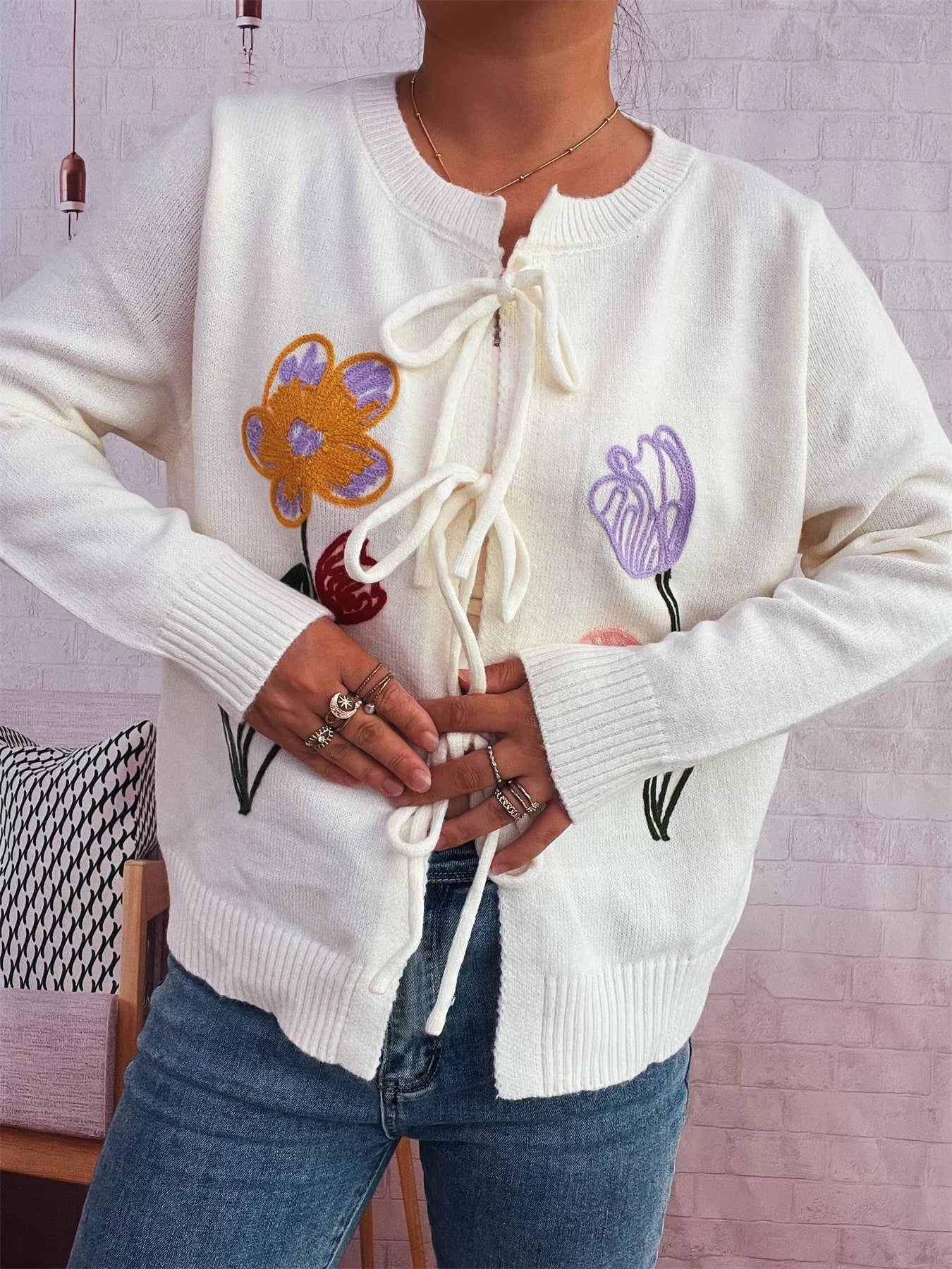 Floral Ribbed Hem Tie Front Cardigan OutfitFlow