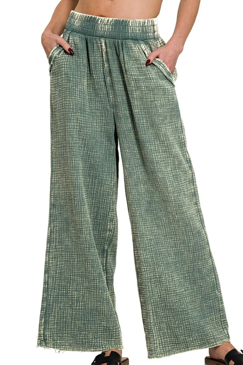 Zenana Washed Double Gauze Elastic Band Waist Pants ASH JADE OutfitFlow