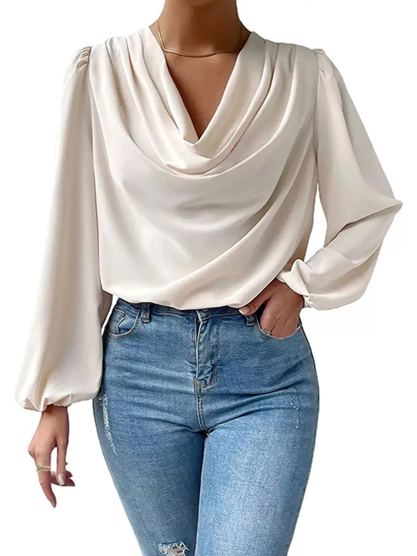 Full Size Cowl Neck Balloon Sleeve Blouse Plus Size OutfitFlow