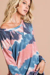 BiBi Tie Dye French Terry Pull Over with Front Stitching Detail OutfitFlow