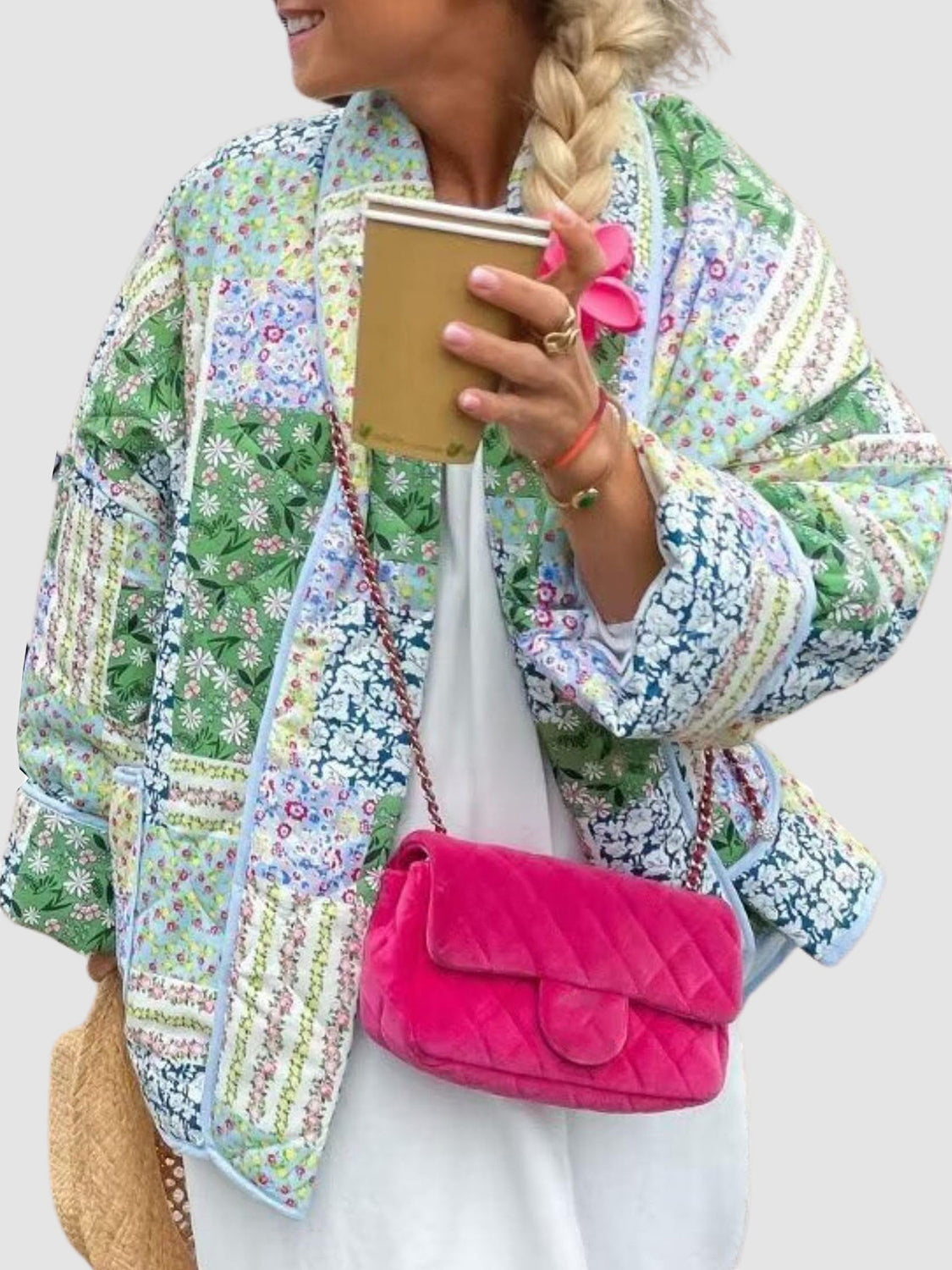 Outfit Flow - Printed Patchwork Open Front Cardigan with Pockets