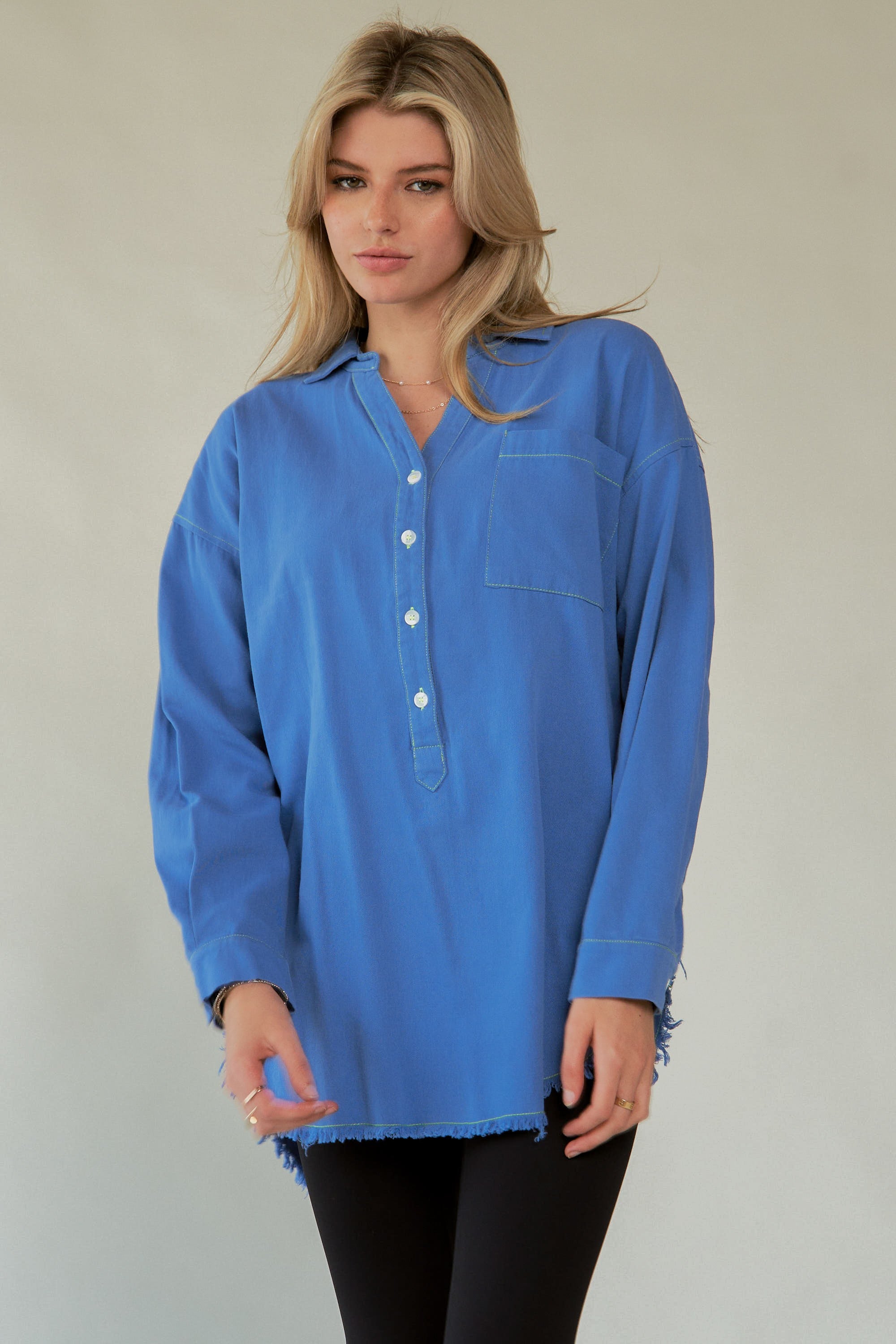 Davi & Dani Letter Back Raw Hem Half Button Shirt