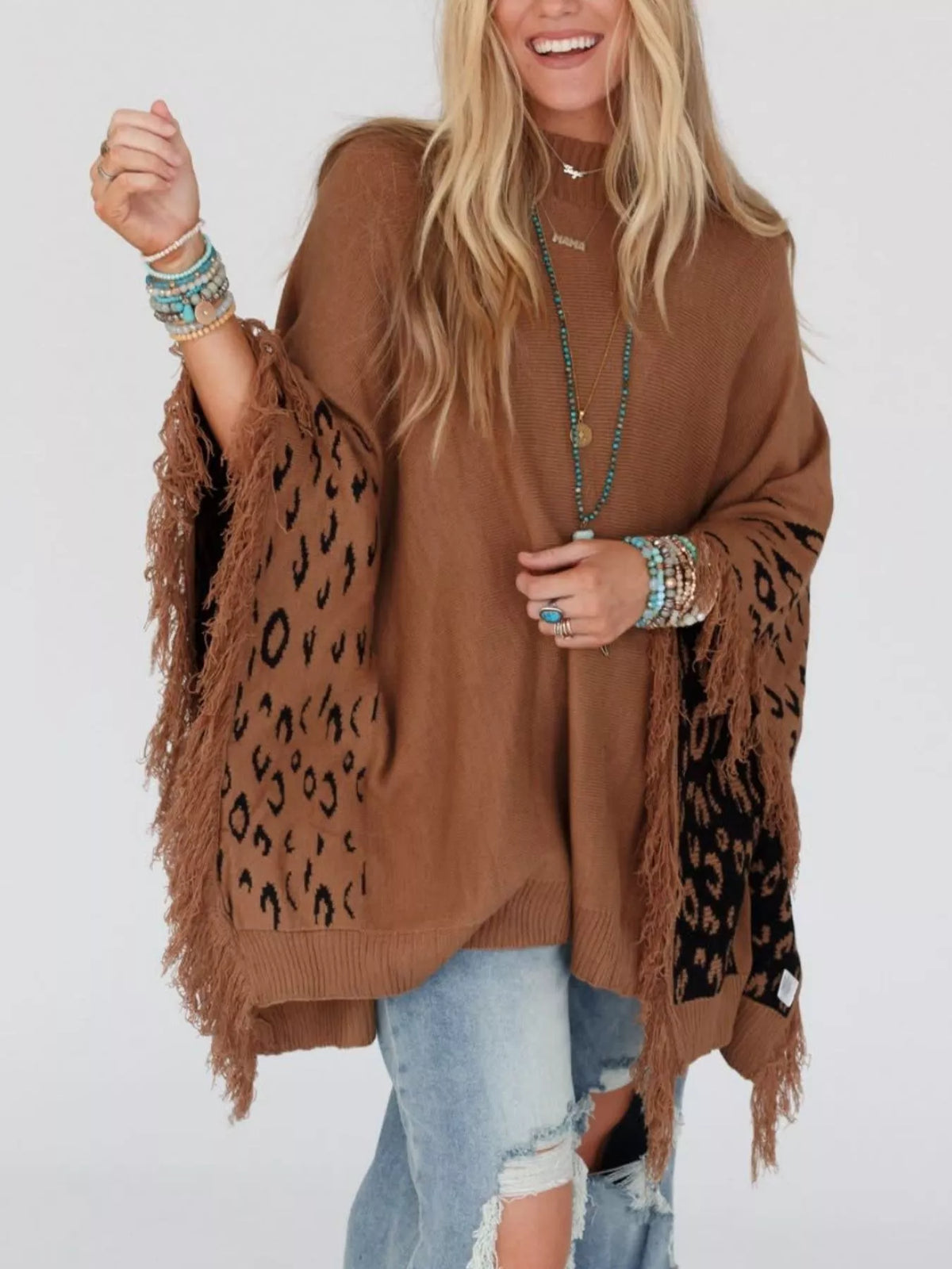 Fringe Leopard Mock Neck Batwing Sleeve Knit Top Brown OutfitFlow