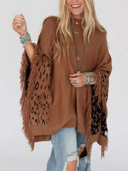 Fringe Leopard Mock Neck Batwing Sleeve Knit Top Brown OutfitFlow