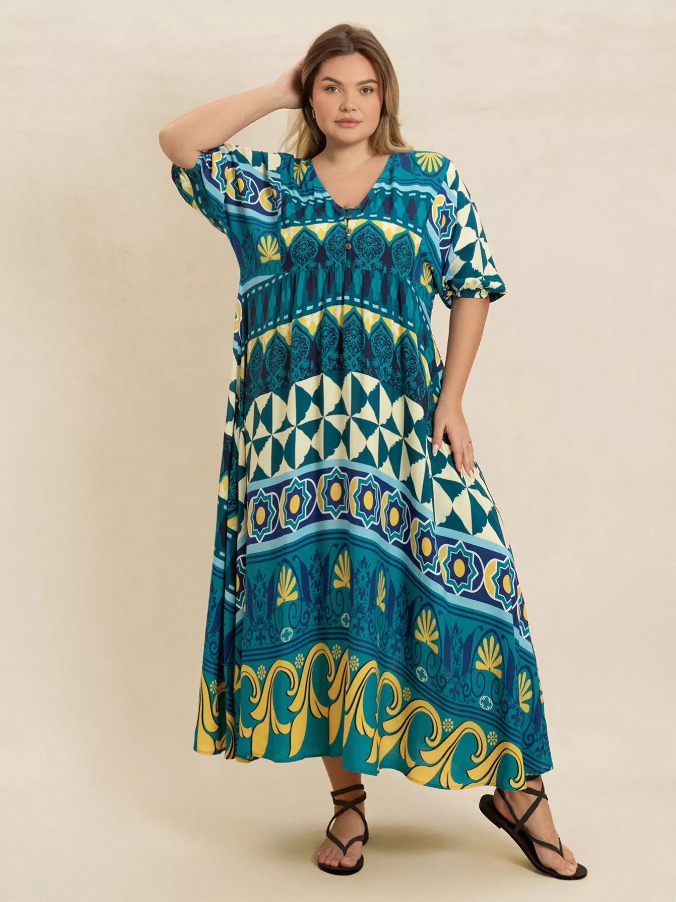 Plus Size Printed V-Neck Half Sleeve Midi Dress OutfitFlow