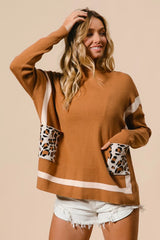 BiBi Mock Neck Sweater with Leopard Pocket OutfitFlow