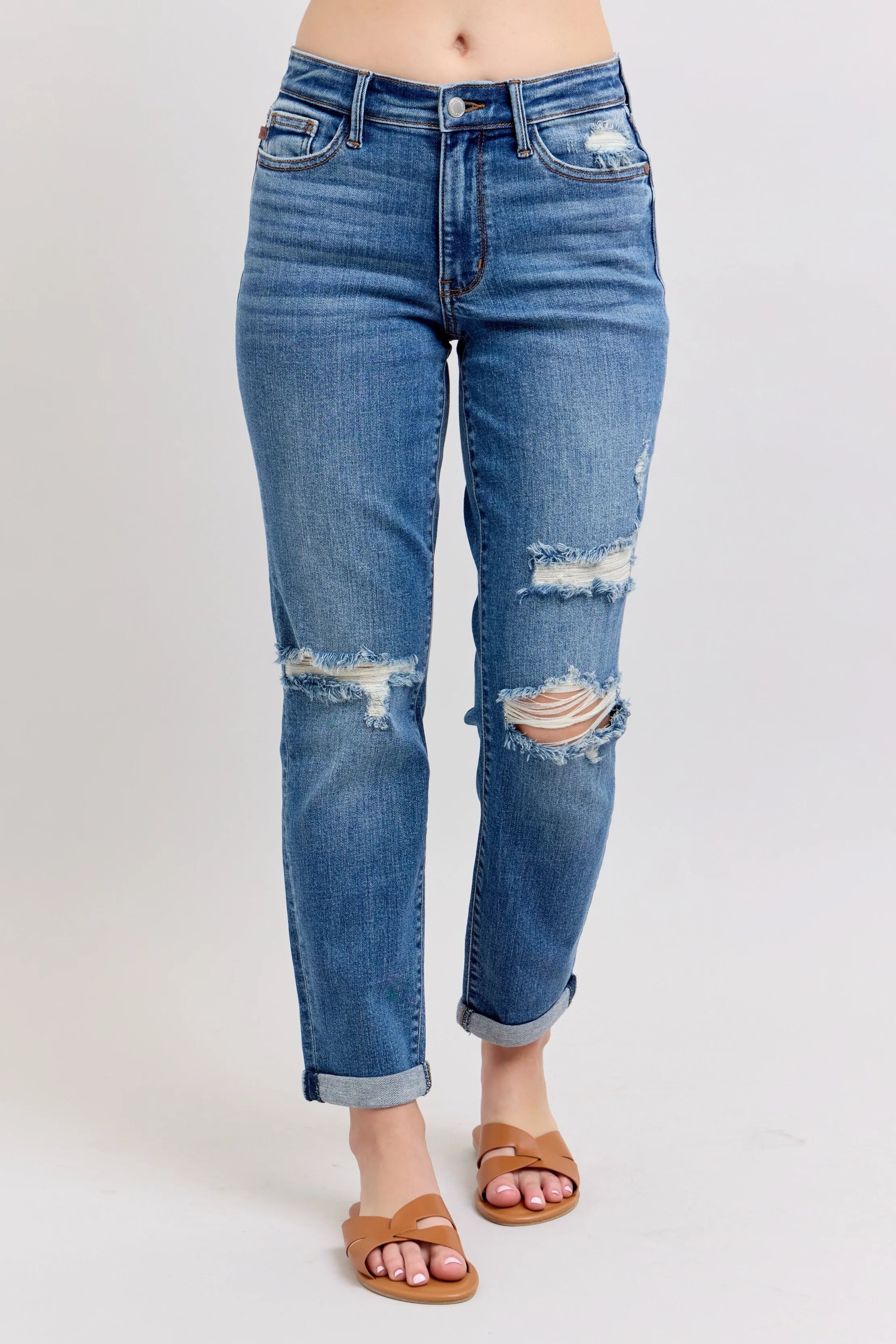 Judy Blue Full Size Mr Vintage Wash Boyfriend Fit W/ Destroy Jeans Plue Size OutfitFlow
