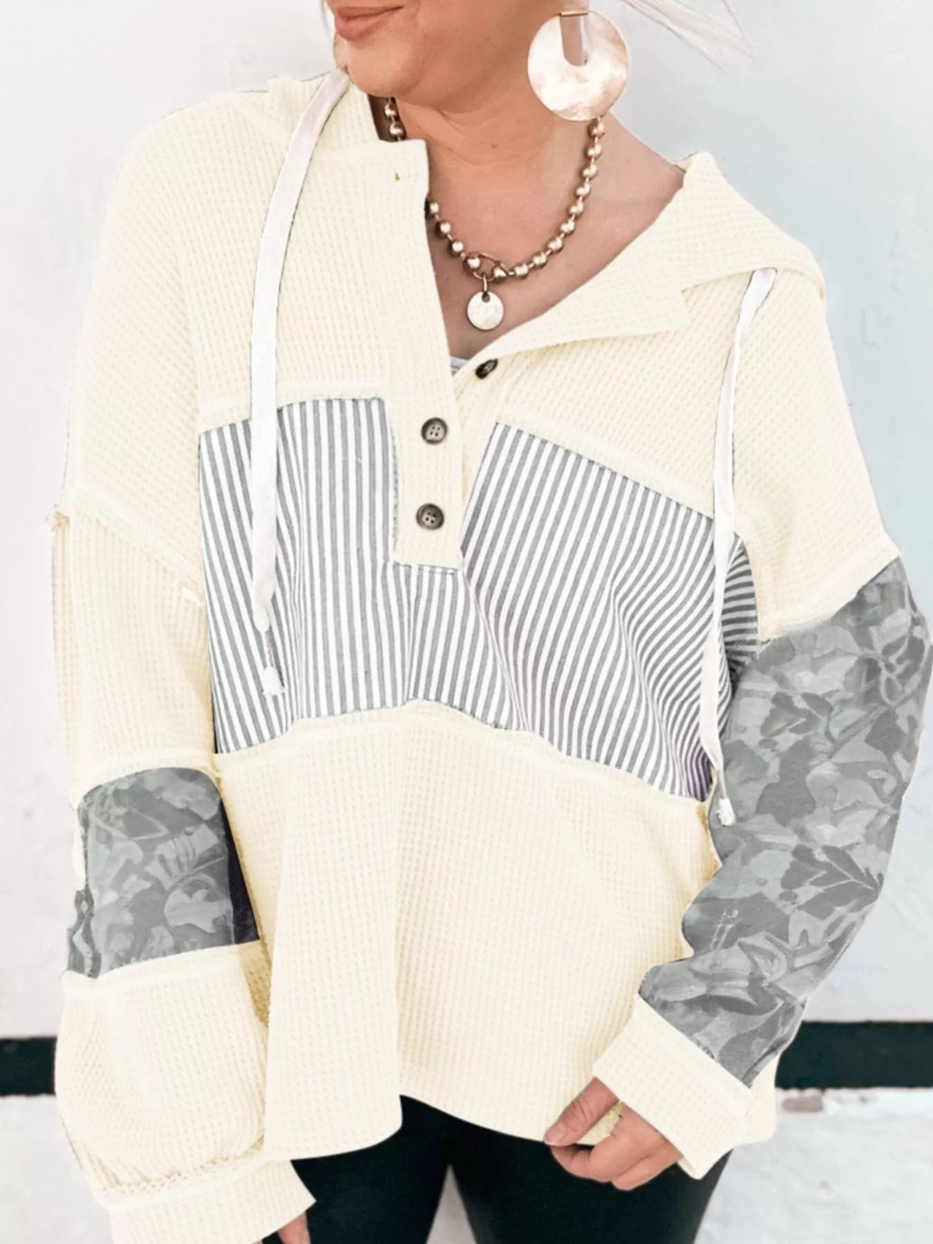 Waffle Knit Striped Drawstring Hoodie OutfitFlow