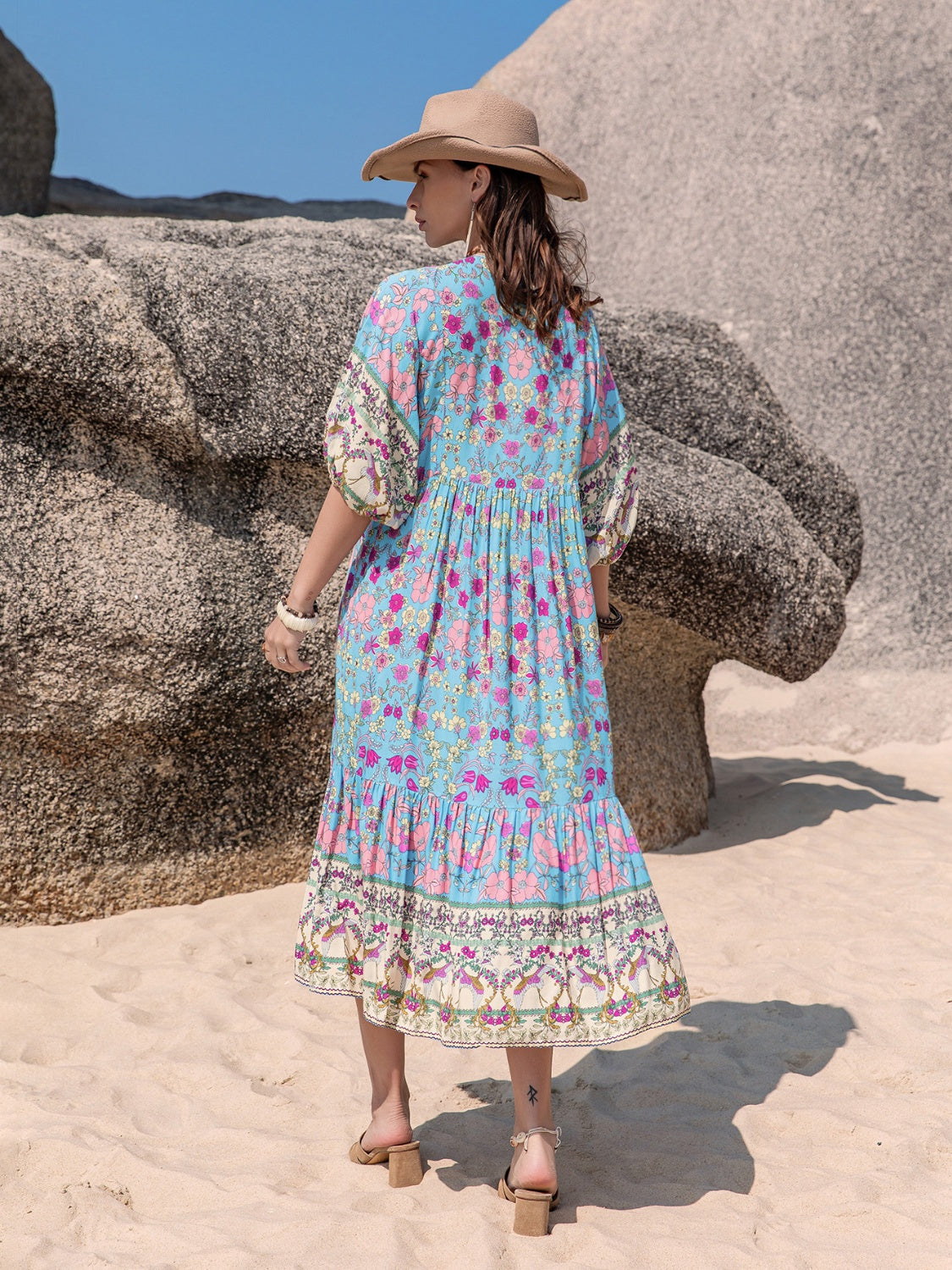 Printed Puff Sleeve Ruched Midi Dress OutfitFlow