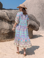 Printed Puff Sleeve Ruched Midi Dress OutfitFlow