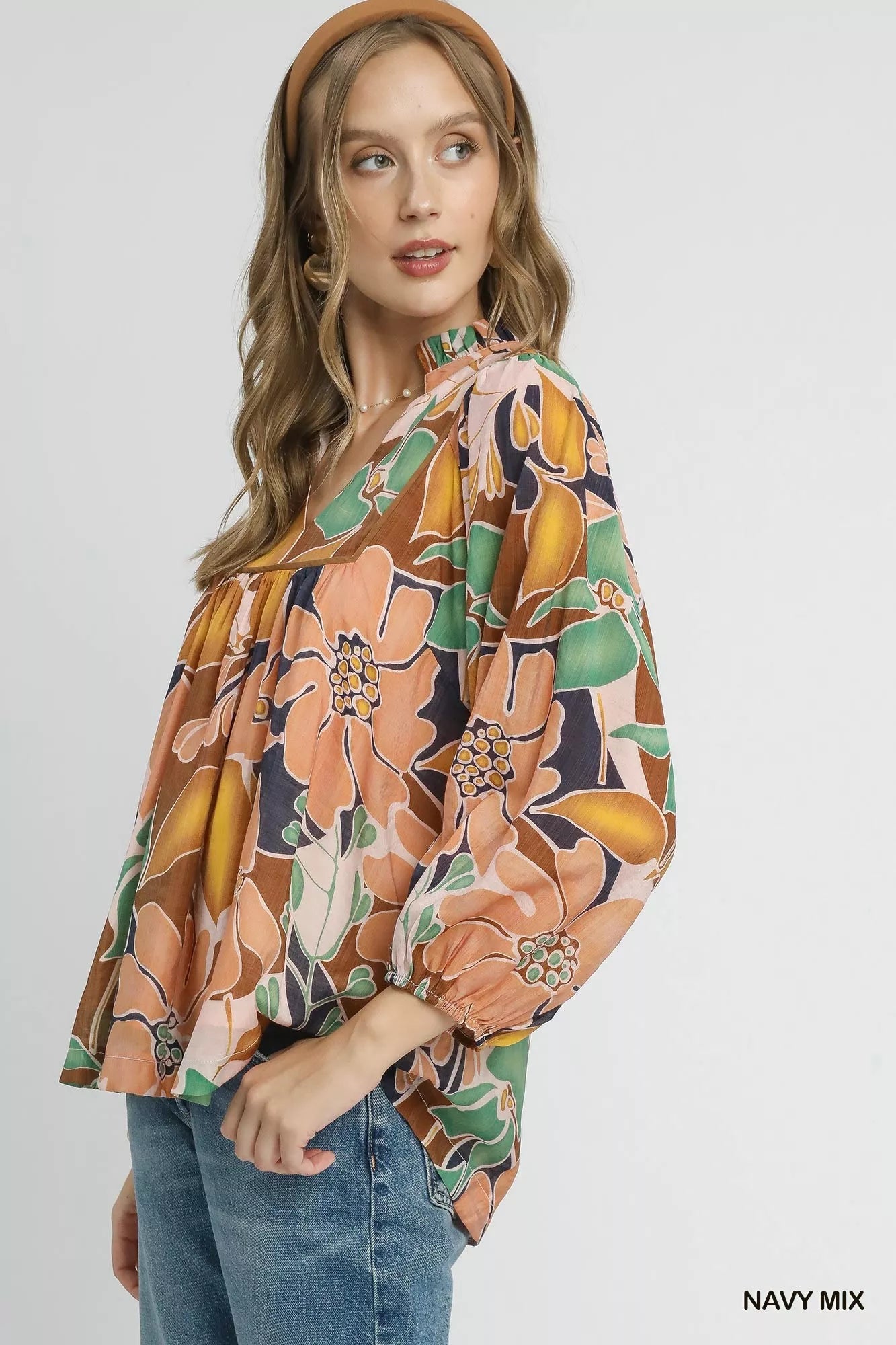 Umgee Multicolor Abstract Floral Print Blouse with Ruffle Neck OutfitFlow