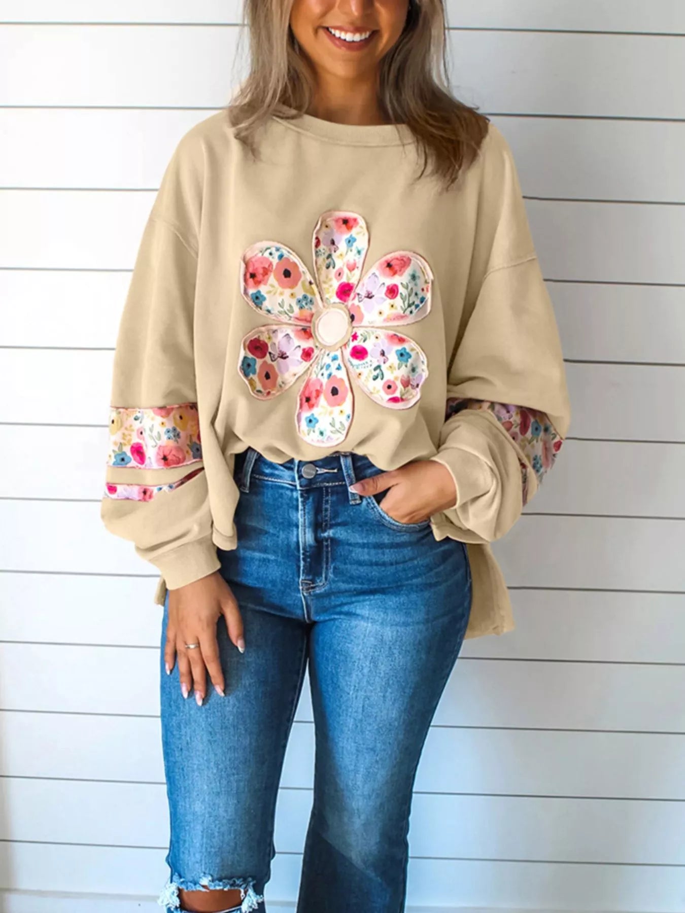 Plus Size Floral Applique Drop Shoulder Sweatshirt Beige OutfitFlow