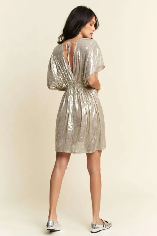 Davi & Dani Sequin Plunge Neck Knot Cut Out Tie Back Party Dress OutfitFlow