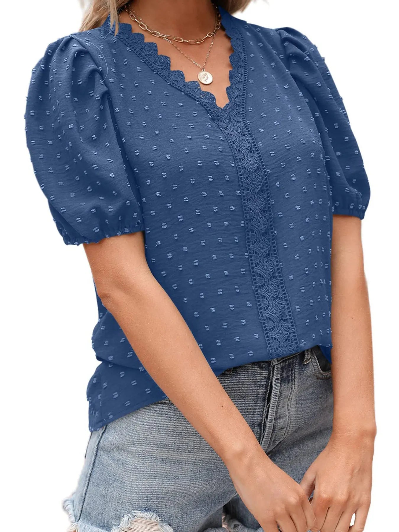 Puff Sleeve Swiss Dot Lace Trim Blouse OutfitFlow