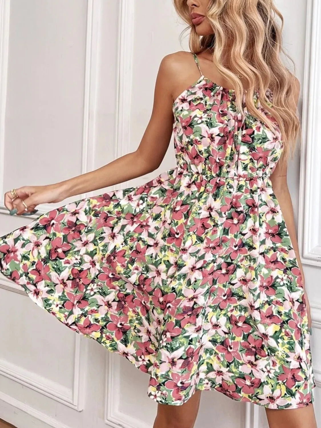 Floral Print Spaghetti Strap Summer Mini Dress OutfitFlow