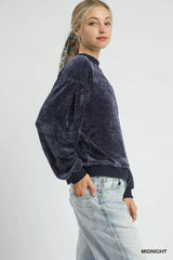 Umgee Velour Crewneck Balloon Sleeve Sweatshirt OutfitFlow