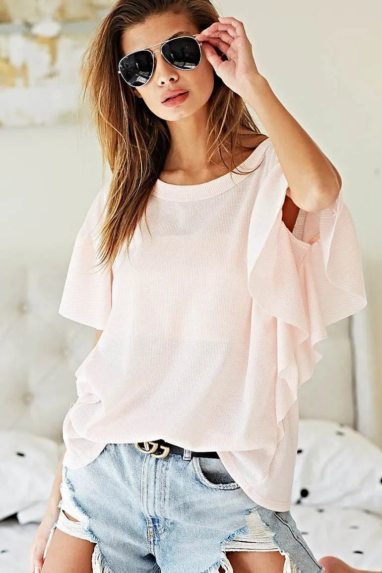 BiBi Thermal Knit with Ruffled Sleeve Top OutfitFlow