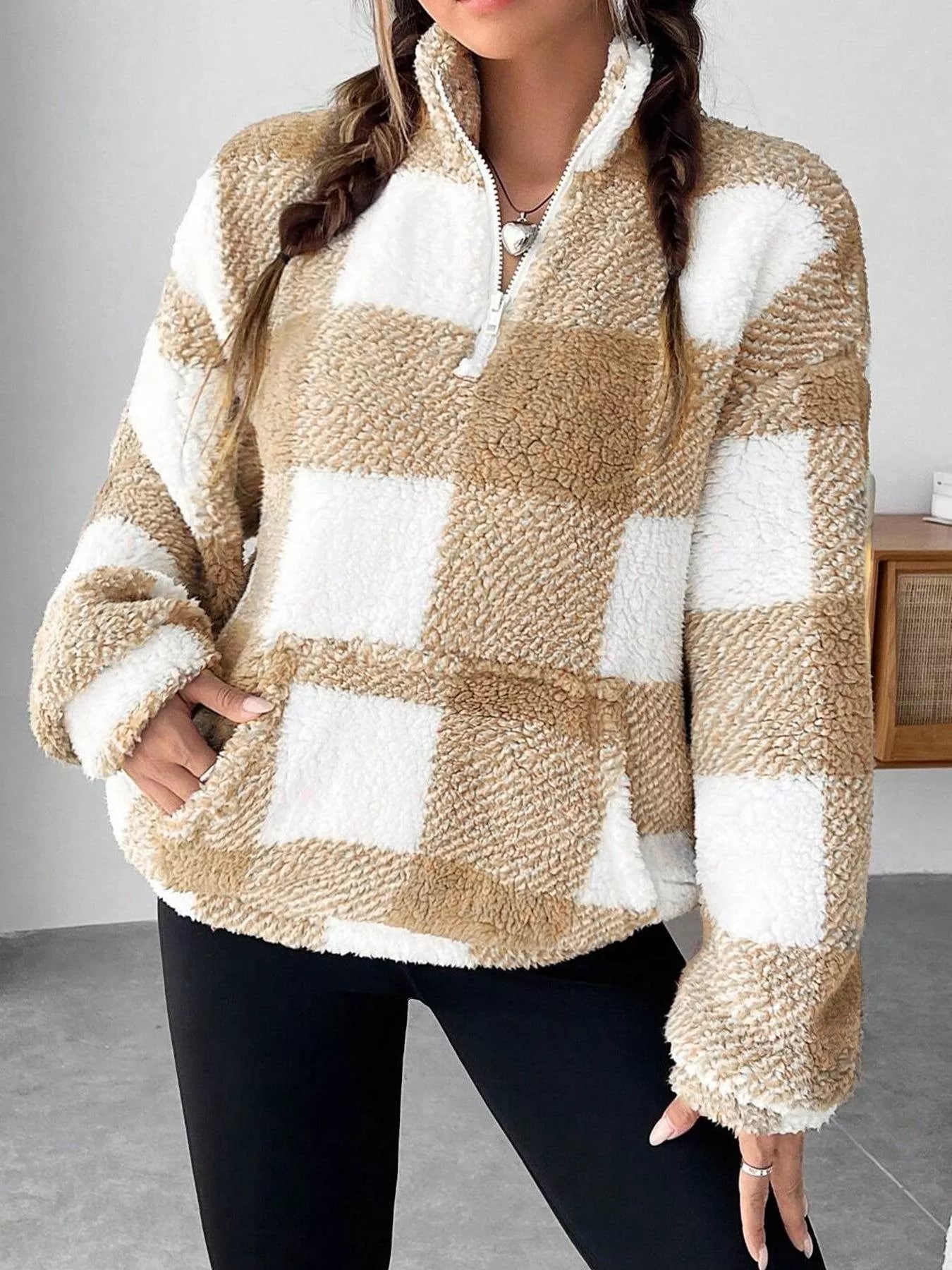 Full Size Plaid Sherpa Long Sleeve Sweatshirt Plus Size Beige OutfitFlow