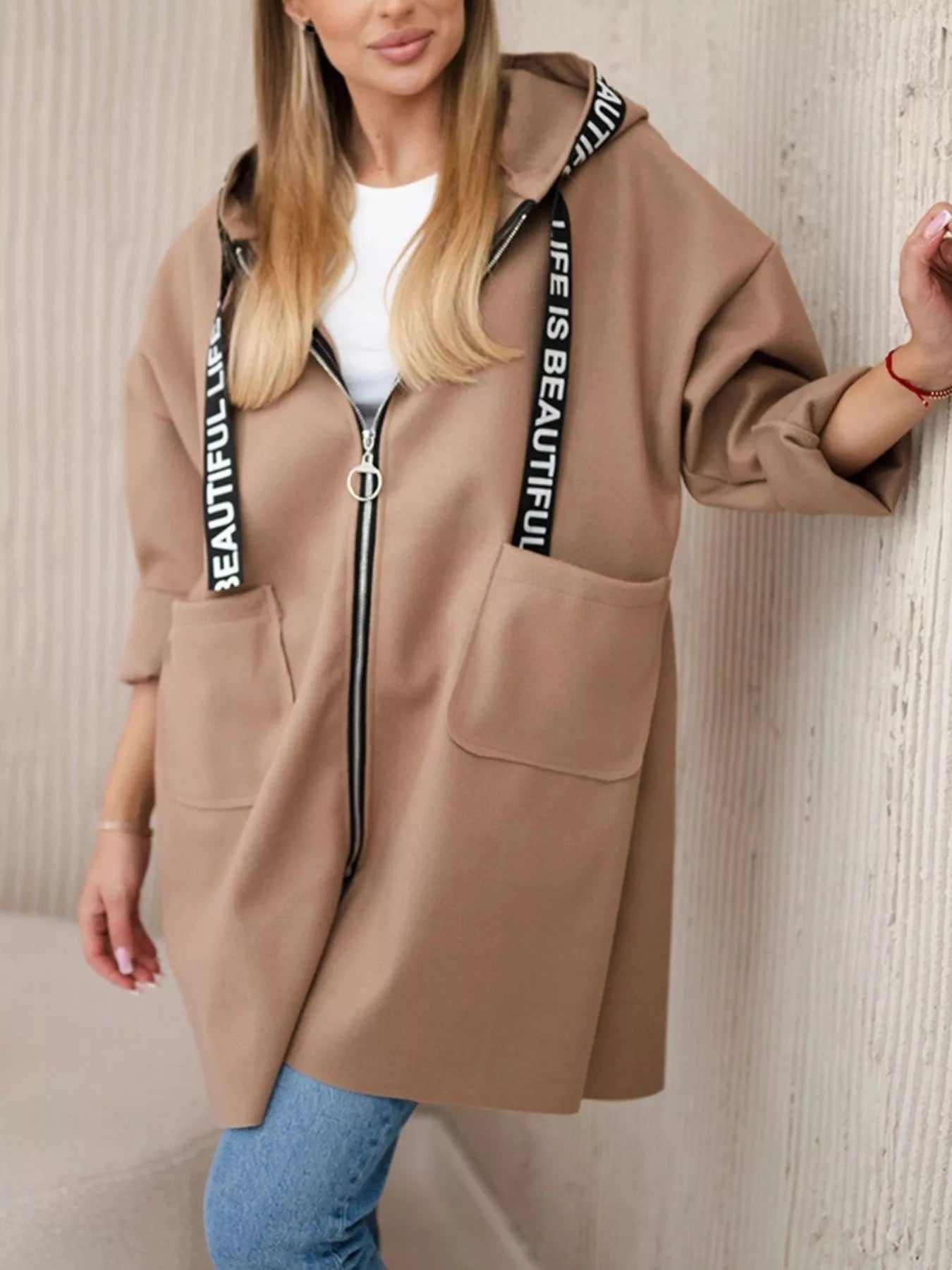 Full Size Hooded Zip-Up Longline Outerwear Plus Size Khaki Trendsi
