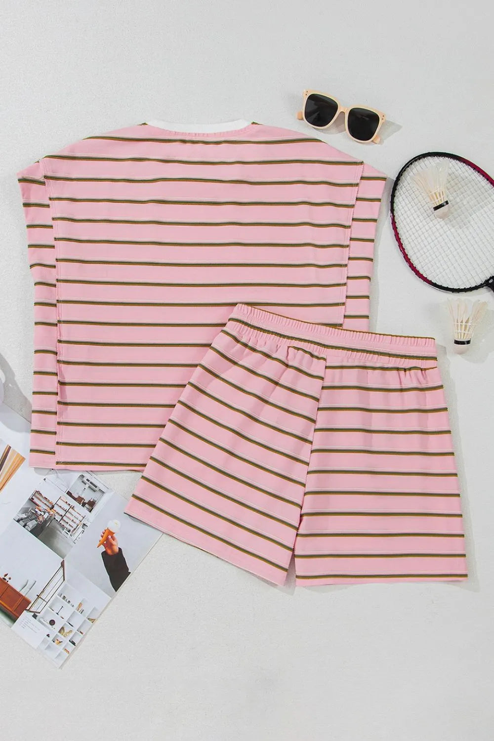 Stripe Wide Short Sleeve Tee and Short Set OutfitFlow