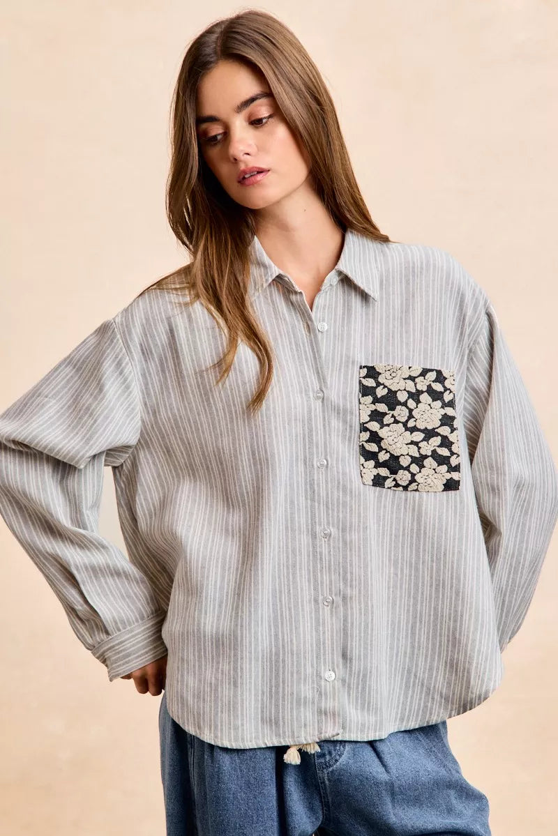 BiBi Flower Jacquard Knit Patch Pocket Stripe Shirt OutfitFlow