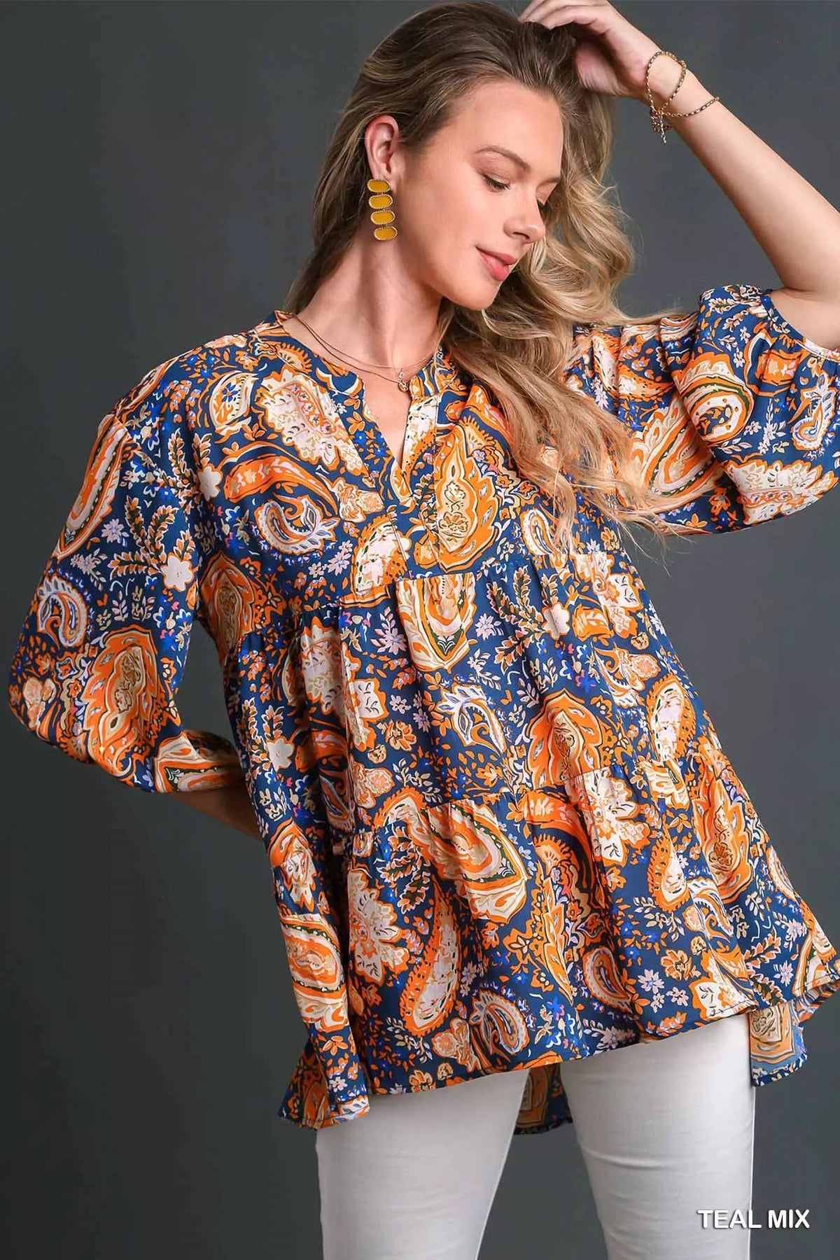 Umgee Mix Paisley Boho Tunic Blouse TEAL MIX Trendsi