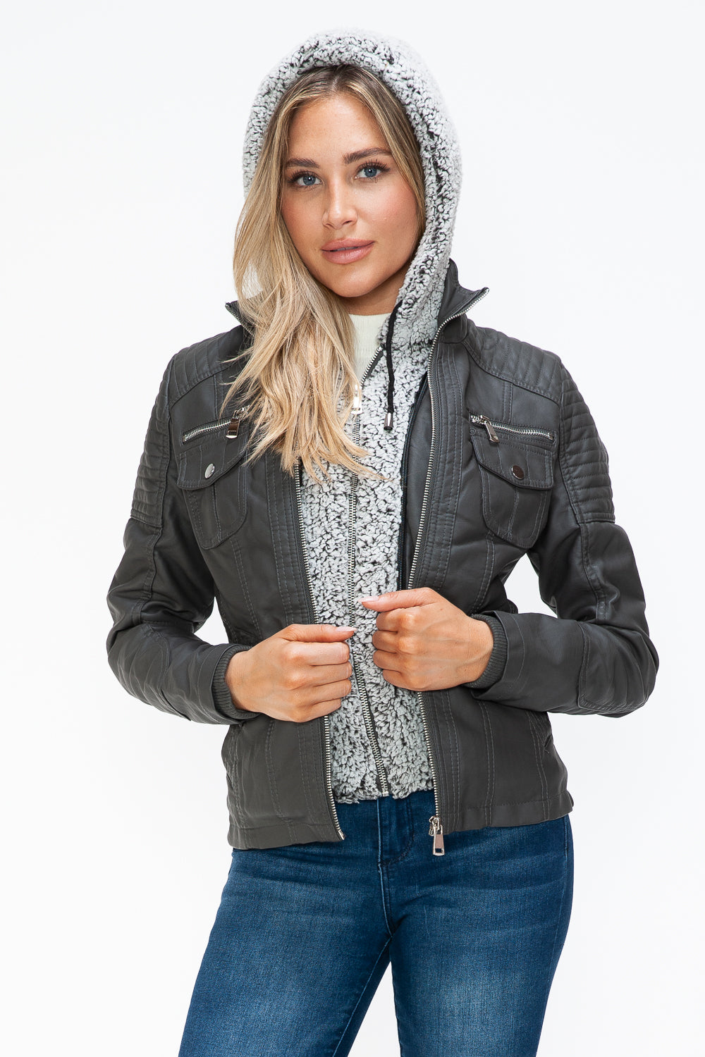 Outfit Flow - YMI Removable Faux Layered Multi-Pocket Jacket with Fuzzy Hood