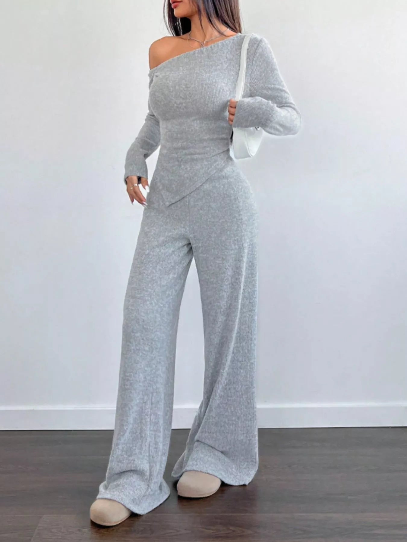 One-Shoulder Long Sleeve Top and Pants Set OutfitFlow