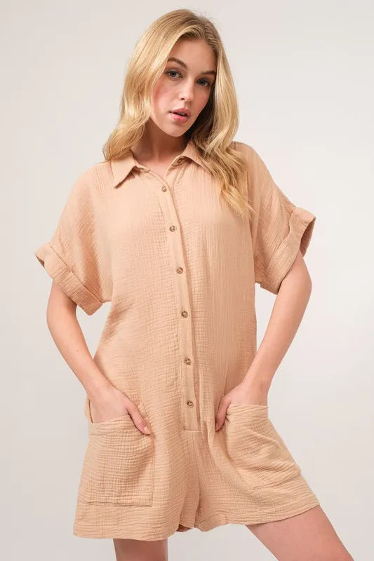 And The Why Washed Gauze Roll-up Sleeve Comfort Utility Romper OutfitFlow