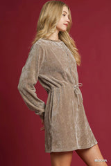 Umgee Velour Drawstring Mini Dress with Long Sleeves OutfitFlow