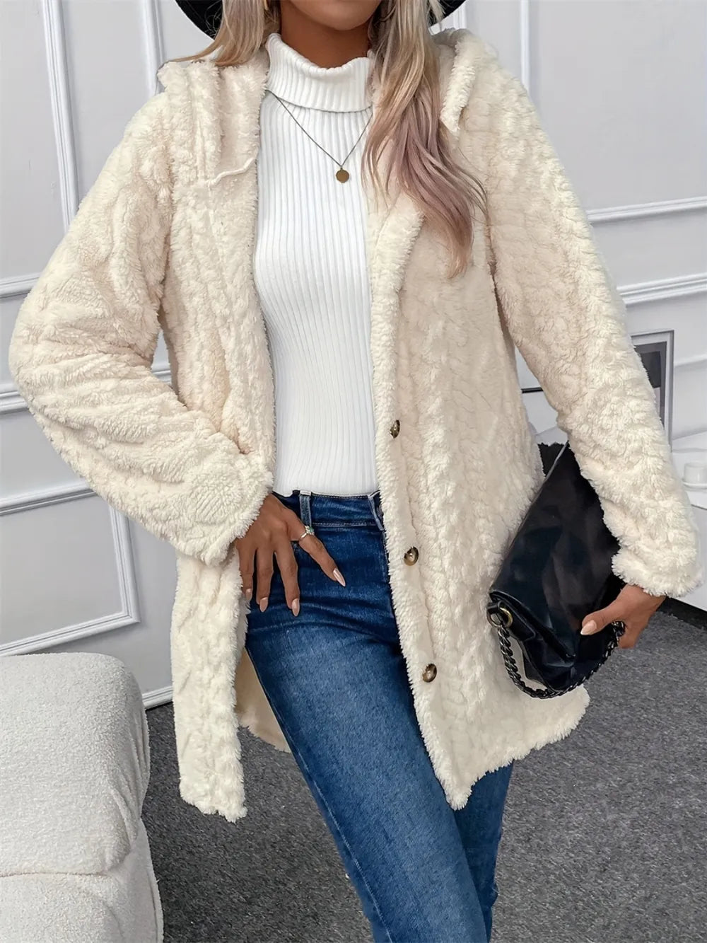Fuzzy Button Down Hooded Coat Trendsi