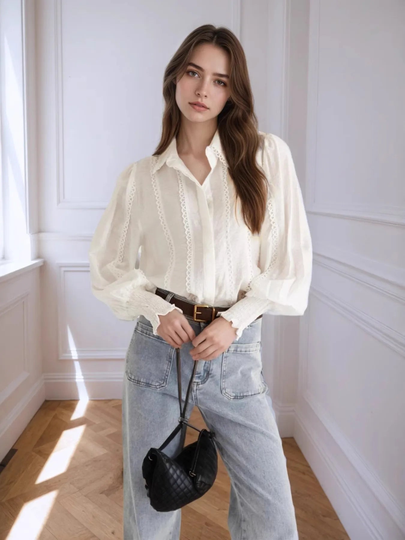 Collared Neck Lantern Sleeve Shirt OutfitFlow