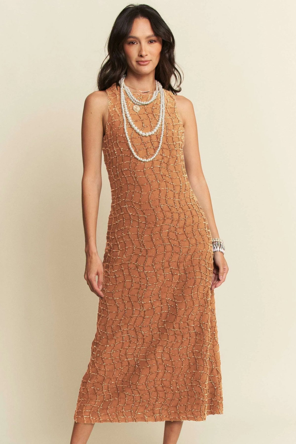 Davi & Dani Golden Textured Zippered Midi Dress BROWN OutfitFlow